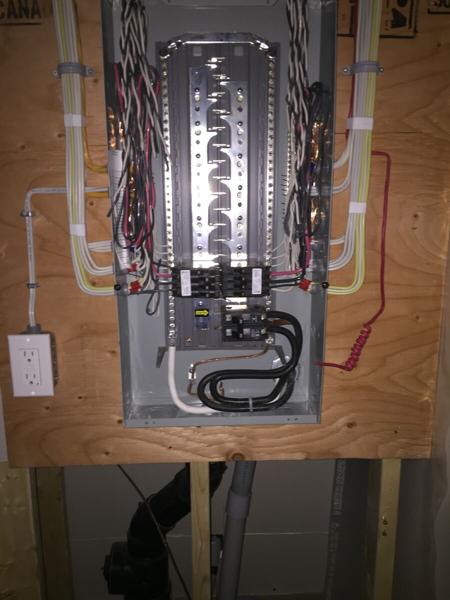 Close-up of electrical panel rough-in wiring and grounding